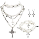 Bocar Gothic Cross Layered Pearl Necklace Chunky Statement Stacked Necklace Y2K Silver Layered Necklace for Women (NK-10769)