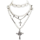 Bocar Gothic Cross Layered Pearl Necklace Chunky Statement Stacked Necklace Y2K Silver Layered Necklace for Women (NK-10769)