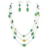 Bocar 3-Layer Illusion line Long Necklace Earrings Set Ladies Green Beads (N0006)