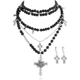 Bocar Gothic Cross Layered Pearl Necklace Chunky Statement Stacked Necklace Y2K Silver Layered Necklace for Women (NK-10769)