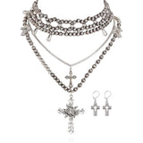 Bocar Gothic Cross Layered Pearl Necklace Chunky Statement Stacked Necklace Y2K Silver Layered Necklace for Women (NK-10769)