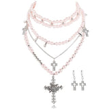 Bocar Gothic Cross Layered Pearl Necklace Chunky Statement Stacked Necklace Y2K Silver Layered Necklace for Women (NK-10769)