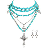 Bocar Gothic Cross Layered Pearl Necklace Chunky Statement Stacked Necklace Y2K Silver Layered Necklace for Women (NK-10769)
