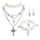 Bocar Gothic Cross Layered Pearl Necklace Chunky Statement Stacked Necklace Y2K Silver Layered Necklace for Women (NK-10769)