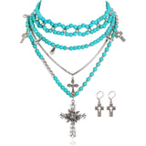 Bocar Gothic Cross Layered Pearl Necklace Chunky Statement Stacked Necklace Y2K Silver Layered Necklace for Women (NK-10769)