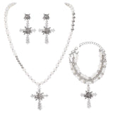 Bocar Gothic Cross Layered Pearl Necklace Chunky Statement Stacked Necklace Y2K Silver Layered Necklace for Women (NK-10769)
