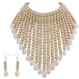 BOCAR Boho African Wooden Beaded Bib Statement Necklace Strands Layered Cluster Chunky Collar Choker Wood Necklace for Women Fashion Costume Jewelry(0065)