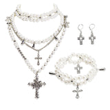 Bocar Gothic Cross Layered Pearl Necklace Chunky Statement Stacked Necklace Y2K Silver Layered Necklace for Women (NK-10769)