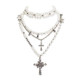 Bocar Gothic Cross Layered Pearl Necklace Chunky Statement Stacked Necklace Y2K Silver Layered Necklace for Women (NK-10769)