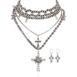 Bocar Gothic Cross Layered Pearl Necklace Chunky Statement Stacked Necklace Y2K Silver Layered Necklace for Women (NK-10769)