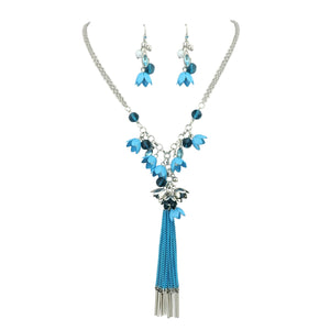 Bocar Long 2 Layer Chain Unique Flower Pendant Tassels Necklace Earrings Women Jewelry Set